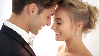 Closeup shot of a young smiling bride and groom looking into each other's eyes. Isolated over white background. 