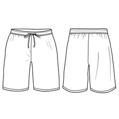 Men's elastic waist drawstring shorts, technical drawing vector illustration. Front and back flat design vector.