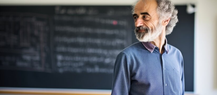 Senior lecturer writing on whiteboard in classroom, viewed from the side.