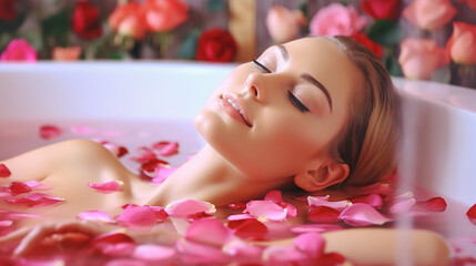 Obraz na płótnie Canvas a beautiful woman laying down in a tub filled with roses, in the style of violet and amber, sensory experience, serene faces, wetcore, luxuriant, bloomcore, romantic themes 