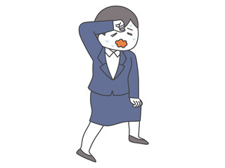 スーツ姿で汗を拭う女性の全身イラスト