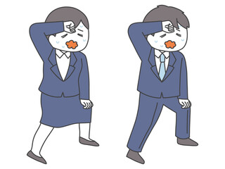 スーツ姿で汗を拭う男女の全身イラスト