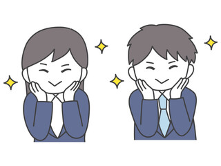 足を組みながら笑顔でこちらをみてくるスーツの男女上半身