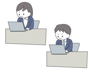 スーツ姿でパソコンに向かう男女のイラスト