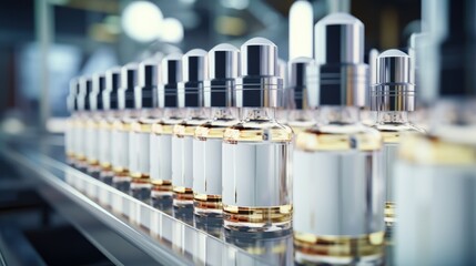 Transparent bottles with serum or oil cosmetics in production line. Mock up.