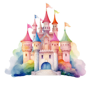 princess magic castle. Hand drawn watercolor fairytale castle. Kids illustration. watercolor castle painting illustration. Isolated on white.
