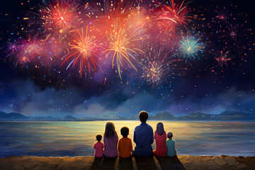 Group of people watching fireworks in the night sky. Concept of celebration