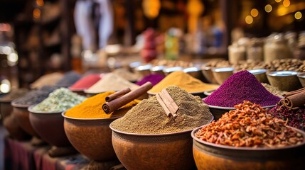 Bedouin spice traders cairo souk, colorful oriental spices stall