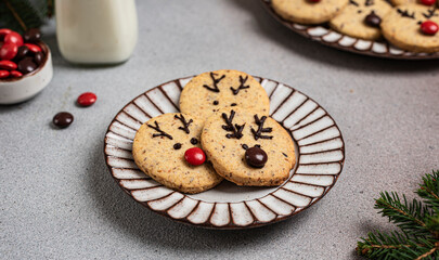 Christmas gingerbread. Red nosed reindeer cookies . Homemade decorated sweets. Christmas shortbread...