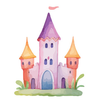 princess magic castle. Hand drawn watercolor fairytale castle. Kids illustration. Cartoon Castle Clipart, Kids illustration. Castle with floral illustrations.