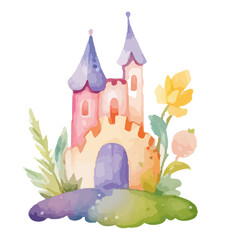 princess magic castle. Hand drawn watercolor fairytale castle. Kids illustration. Cartoon Castle Clipart, Kids illustration. Castle with floral illustrations.