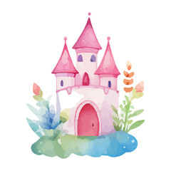 princess magic castle. Hand drawn watercolor fairytale castle. Kids illustration. Cartoon Castle Clipart, Kids illustration. Castle with floral illustrations.