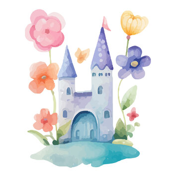 princess magic castle. Hand drawn watercolor fairytale castle. Kids illustration. Cartoon Castle Clipart, Kids illustration. Castle with floral illustrations.