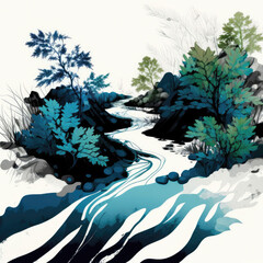 Blue River And Plant Painting