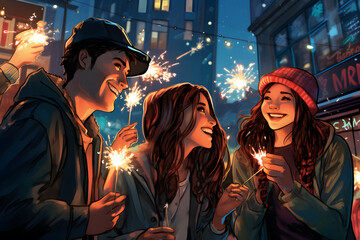 Group of friends having fun with sparklers in the night city.