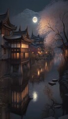 Obraz premium An ancient building in Asia is generated by AI when the moon rises by the river