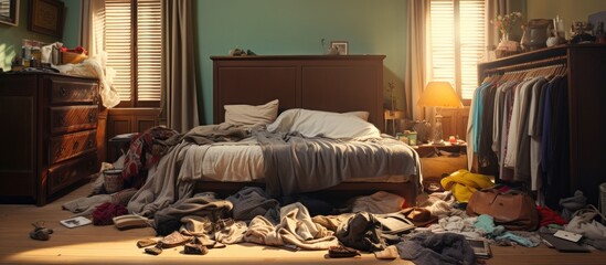 Messy room at home with clothes and slippers on carpet.