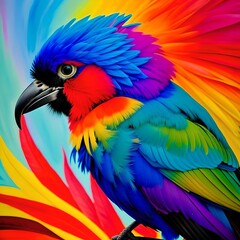 Obraz premium Colourful Bird with Big Eyes and Flower Psychedelic Illustration Portrait