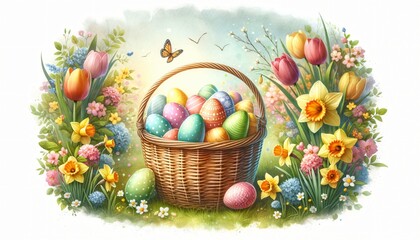 Fototapeta na wymiar Enchanting Easter basket with colorful eggs amidst a blooming garden of tulips and daffodils. Perfect for a festive card design, or print. Festive watercolor illustration