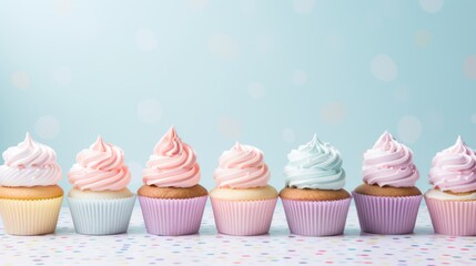 Easter-themed cupcakes with pastel cream designs background. Blue background. Copy space. - obrazy, fototapety, plakaty
