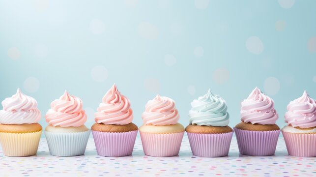 Easter-themed cupcakes with pastel cream designs background. Blue background. Copy space.