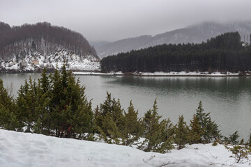 Lake of the springs of Aoos in the mountains (Epirus region, Greece) in winter on a cloudy day