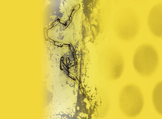 Abstract modern art background with chain, blurred dots and ink stains on yellow    