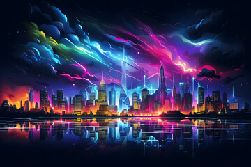 Fototapeta na wymiar Night city with neon lights, vector illustration. Cityscape with modern skyscrapers.