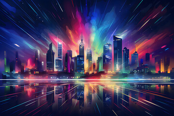 Night city with neon lights, vector illustration. Cityscape with modern skyscrapers.