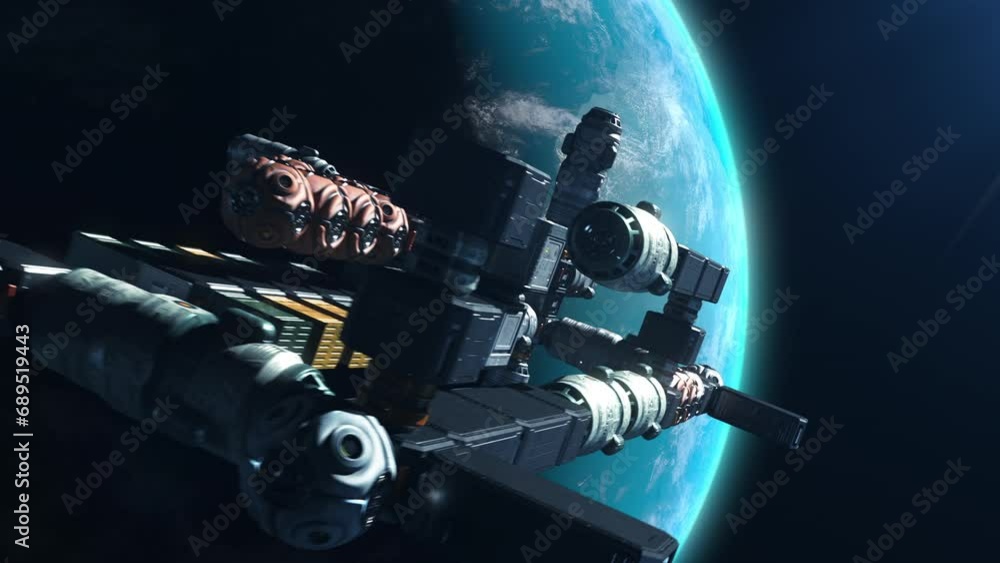Wall mural a modular spacecraft flying in space orbiting a planet