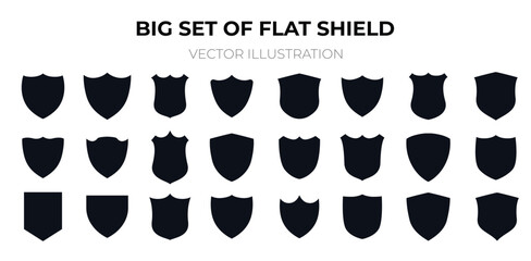 Big Set of Flat Shield. Collection of shield icons. Shields icons set. Set of shields on an isolated background. Protection. Different shields in black for your design - obrazy, fototapety, plakaty