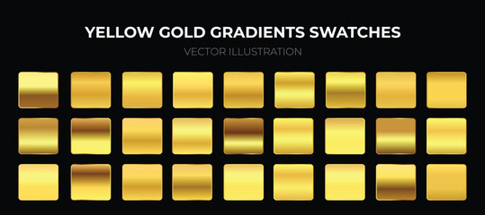 Yellow Cold Gradients Swatches. Collection of yellow golden metallic gradient. Brilliant plates with gold effect. Vector illustration.
