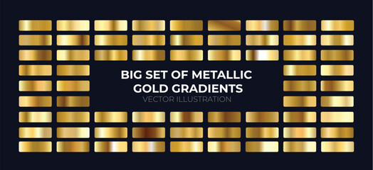big set of metallic gold gradients. Set of gold foil texture background. Golden, copper, brass and metal gradient template. Vector illustration - obrazy, fototapety, plakaty