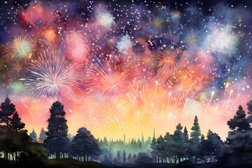Fireworks and pine forest background. Happy New Year greeting card.