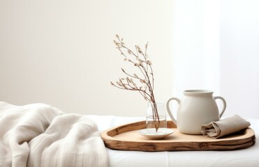 Fototapeta na wymiar A white vase and a wooden tray on a bed. Generative AI.
