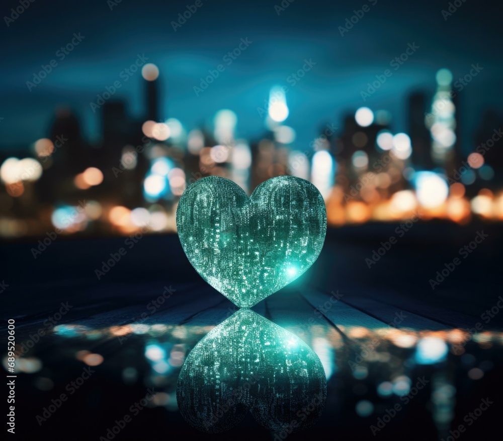 Poster a heart shaped object with a cityscape in the background. generative ai.