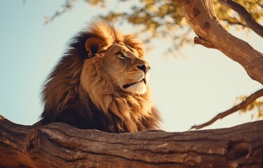 A lion is sitting on a tree branch. Generative AI.