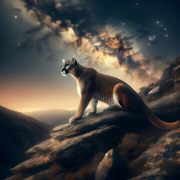 Puma, león de montaña, león americano, vía láctea, aislado fondo nocturno