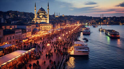 Galata Bridge on the Golden Horn in the background, as seen from the Galata Tower. At the dusk,...