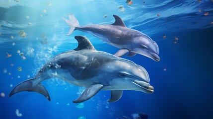 Fototapeta premium Group of Marine Mammals Swimming in the Blue Ocean generated by AI tool