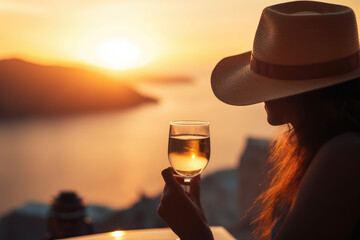 A girl with a wine glass in her hand looking at the sunset in the distance