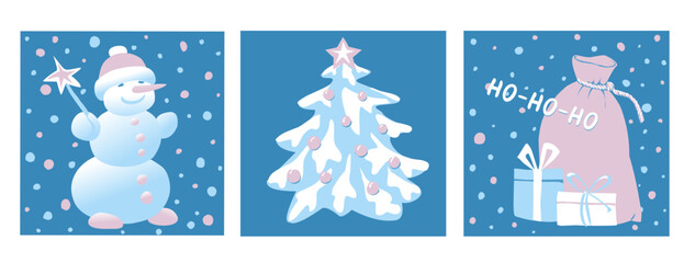 Set of holiday illustrations of snowman, decorated fir tree and Christmas gifts on dark blue background.