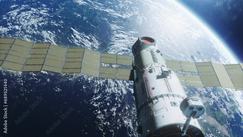 Wall mural a spaceship flying in space orbiting a planet