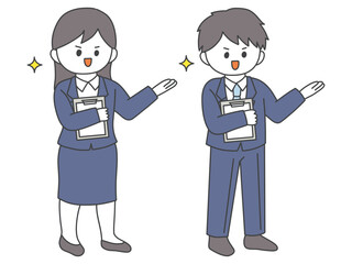 バインダーを持って紹介をするスーツ姿の男女の全身イラスト