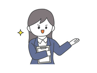 バインダーを持って紹介をするスーツ姿の女性の上半身イラスト