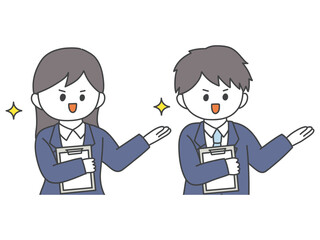 バインダーを持って紹介をするスーツ姿の男女の上半身イラスト