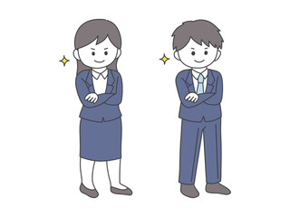 腕を組みながら自信げに立つ男女の全身イラスト