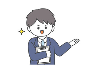 バインダーを持って紹介をするスーツ姿の男性の上半身イラスト