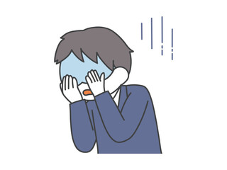顔を覆って悲しむ男性の上半身のイラスト