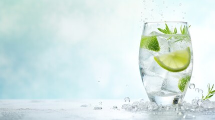 a glass of water with ice and lime slices